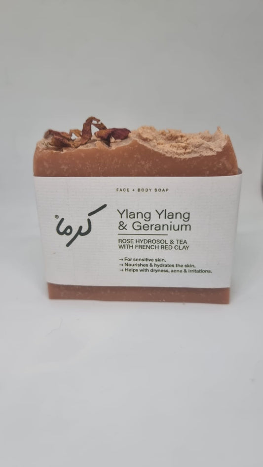 Ylang Ylang and Geranium, with Rose Hydrosol & Tea, and French Red Clay